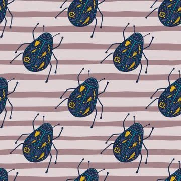 Navy blue folk bugs elements seamless pattern. Hand drawn insects on purple s Illustrazione stock