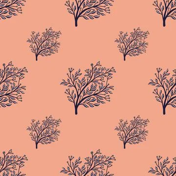 Navy blue forest tree silhouettes seamless doodle pattern. Pink background. F Illustrazione stock