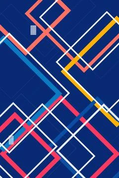 Navy blue geometric pattern with intersecting white outlines, orange and ye.. Stock Illustration