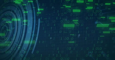 Navy-blue HUD initiating code and binary streams, visualizing data flow for Stock Footage 310298144