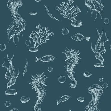Navy blue seamless pattern with jellyfish, seahorses, corals, and fish. Hand Stock Illustration