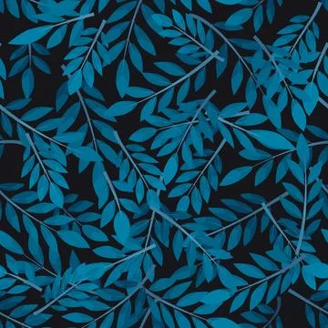 Navy blue seamless pattern leafs on black background Illustrazione stock