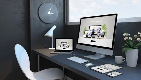 Navy blue workspace with responsive devices modern web design Illustrazione stock