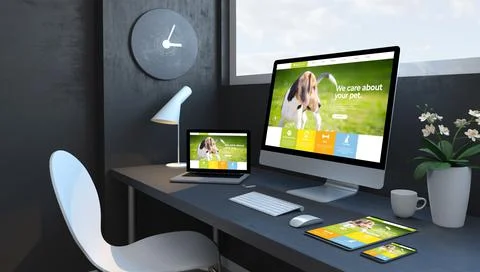 Navy blue workspace with responsive devices pet web design Stock Illustration