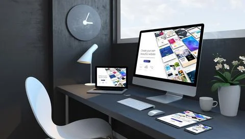 Navy blue workspace with responsive devices builder responsive design website Stock Illustration