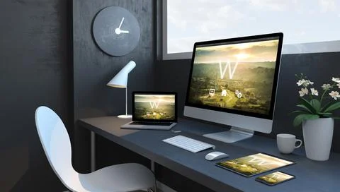 Navy blue workspace with responsive devices responsive design website Stock Illustration