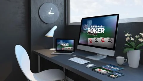 Navy blue workspace with responsive devices poker responsive design website Stock Illustration