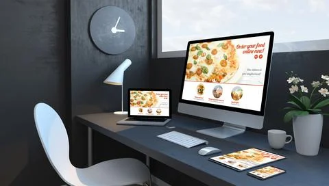 Navy blue workspace with responsive devices order food responsive design webs Stock Illustration