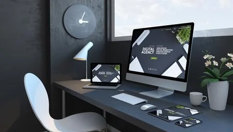 Navy blue workspace with responsive devices digital agency website Stock Illustration