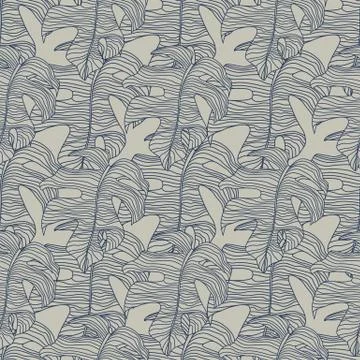 Navy bue contoured monstera eaves silhouettes seamless pattern. Exotic foliag Stock Illustration