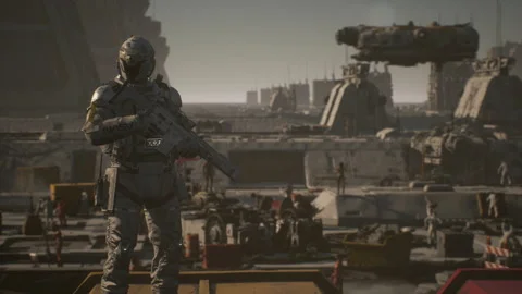 Navy Champion SEAL on sentry base Sci-Fi Patrol 01 Stock Footage 175507614