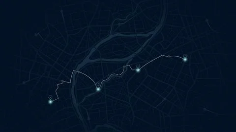 Navy City Map with Glowing Blue Route Pins and River Crossing Through Urban Stock Illustration