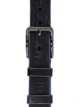 Navy embossed leather belt vertical buckle close up Stock Photos