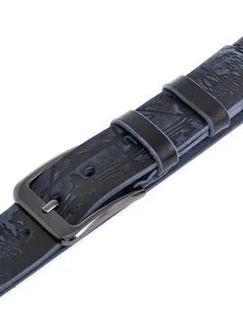 Navy fish pattern leather belt diagonal close up Stock Photos