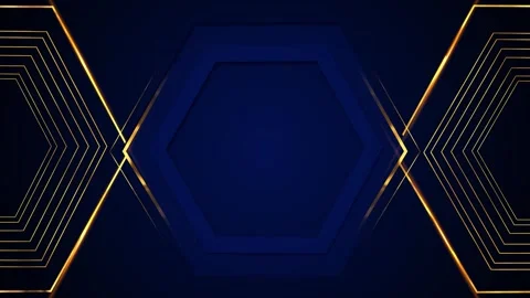 Navy geometric glowing gold hexagon lines, chevrons, dark center space, sleek pr Stock Footage 340452876