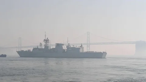 Navy Halifax-class frigate HMCS Winnipeg departs San Francisco - 2017 Stock Footage 85308425