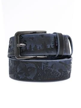 Navy leather belt with forest pattern buckle coiled Stock Photos