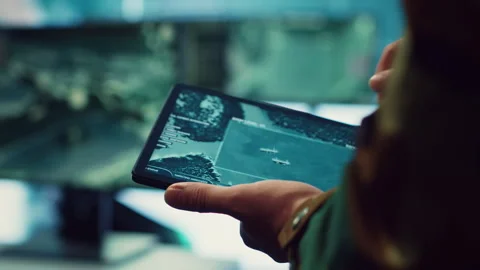 Navy operations specialist following hostile warship trajectory Stock Footage 276920280