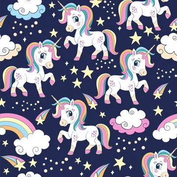Navy seamless vector pattern with unicorns and cosmic elements 스톡 일러스트