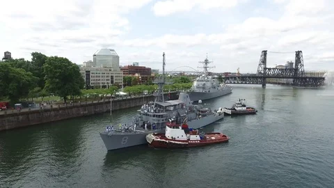 Navy Ship Docking with Tugboat During Fleet Week 2 Stock Footage 92497222
