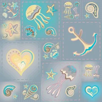 Navy vector seamless pattern. Waves, crab, wheel, anchor, star, heart 스톡 일러스트