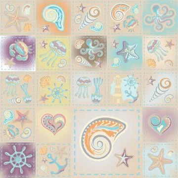 Navy vector seamless pattern. Waves, crab, wheel, anchor, star, heart 스톡 일러스트