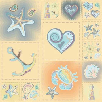 Navy vector seamless pattern. Waves, crab, wheel, anchor, star, heart 스톡 일러스트