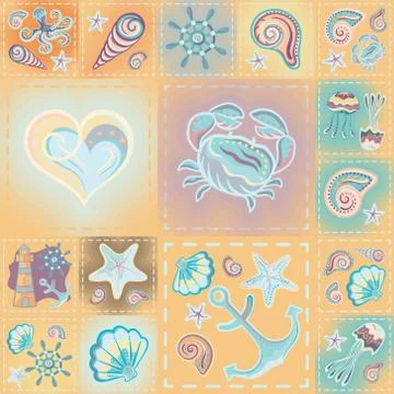 Navy vector seamless pattern. Waves, crab, wheel, anchor, star, heart Illustrazione stock