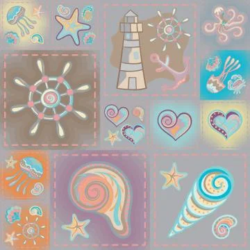 Navy vector seamless pattern. Waves, crab, wheel, anchor, star, heart Illustrazione stock