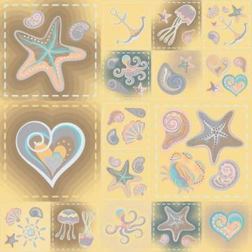 Navy vector seamless pattern. Waves, crab, wheel, anchor, star, heart Stock Illustration