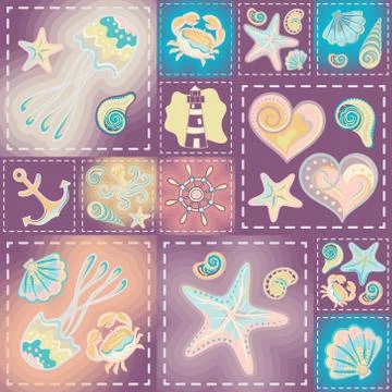 Navy vector seamless pattern. Waves, crab, wheel, anchor, star, heart Illustrazione stock