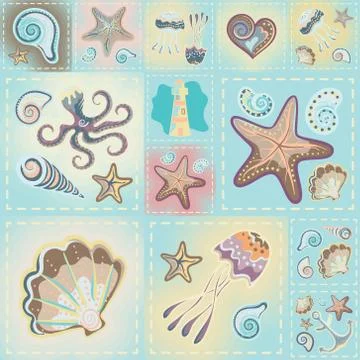 Navy vector seamless pattern. Waves, crab, wheel, anchor, star, heart Illustrazione stock