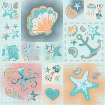 Navy vector seamless pattern. Waves, crab, wheel, anchor, star, heart Stock Illustration