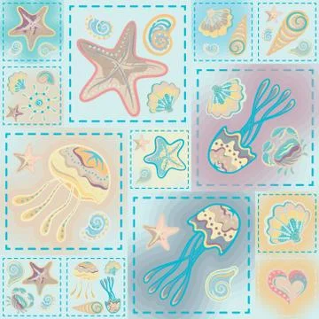 Navy vector seamless pattern. Waves, crab, wheel, anchor, star, heart Stock Illustration