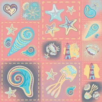 Navy vector seamless pattern. Waves, crab, wheel, anchor, star, heart Illustrazione stock