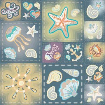 Navy vector seamless pattern. Waves, crab, wheel, anchor, star, heart 스톡 일러스트