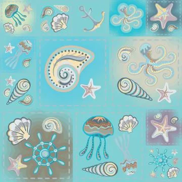 Navy vector seamless pattern. Waves, crab, wheel, anchor, star, heart Stock Illustration