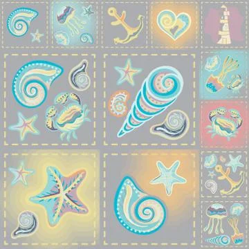 Navy vector seamless pattern. Waves, crab, wheel, anchor, star, heart Stock Illustration