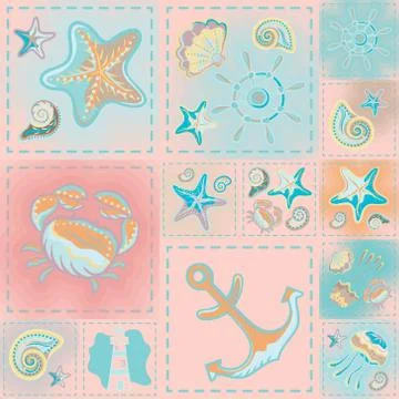 Navy vector seamless pattern. Waves, crab, wheel, anchor, star, heart Illustrazione stock