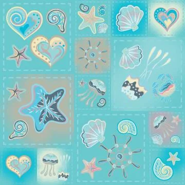 Navy vector seamless pattern. Waves, crab, wheel, anchor, star, heart Stock Illustration