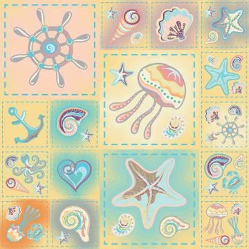 Navy vector seamless pattern. Waves, crab, wheel, anchor, star, heart Illustrazione stock