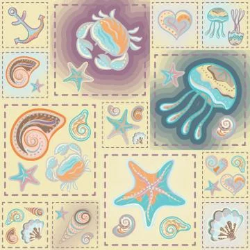 Navy vector seamless pattern. Waves, crab, wheel, anchor, star, heart イラスト素材