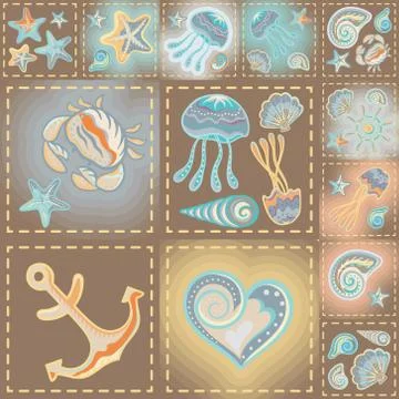 Navy vector seamless pattern. Waves, crab, wheel, anchor, star, heart 스톡 일러스트