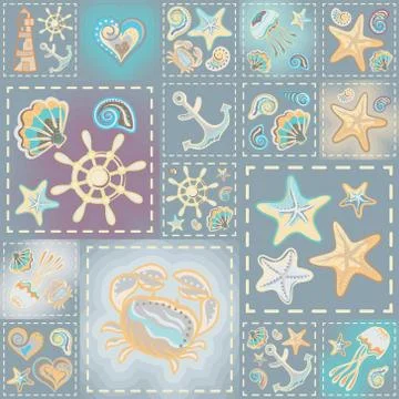 Navy vector seamless pattern. Waves, crab, wheel, anchor, star, heart Illustrazione stock