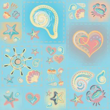 Navy vector seamless pattern. Waves, crab, wheel, anchor, star, heart Stock Illustration