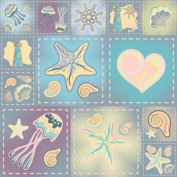 Navy vector seamless pattern. Waves, crab, wheel, anchor, star, heart Stock Illustration