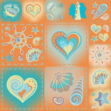 Navy vector seamless pattern. Waves, crab, wheel, anchor, star, heart 스톡 일러스트