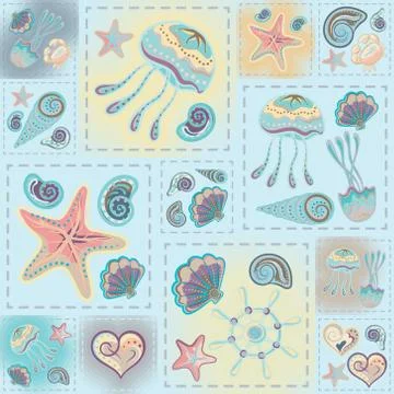 Navy vector seamless pattern. Waves, crab, wheel, anchor, star, heart 스톡 일러스트