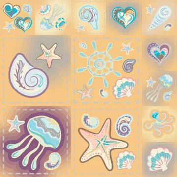 Navy vector seamless pattern. Waves, crab, wheel, anchor, star, heart Stock Illustration