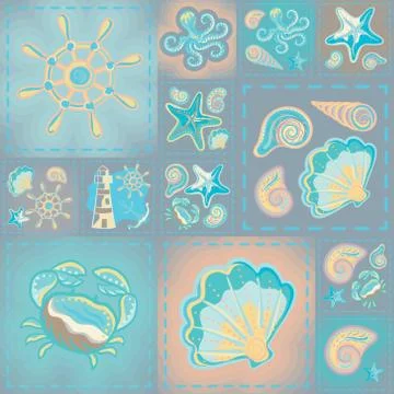 Navy vector seamless pattern. Waves, crab, wheel, anchor, star, heart 스톡 일러스트